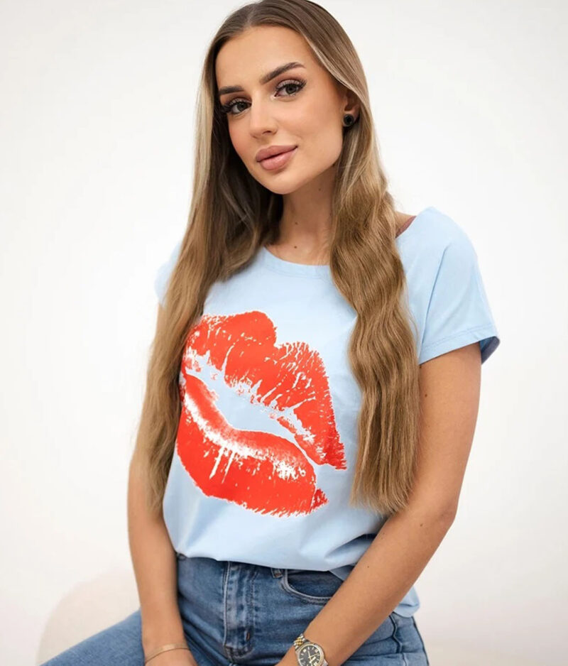 Kurzarm T-Shirt mit Aufdruck 8985-Hellblau